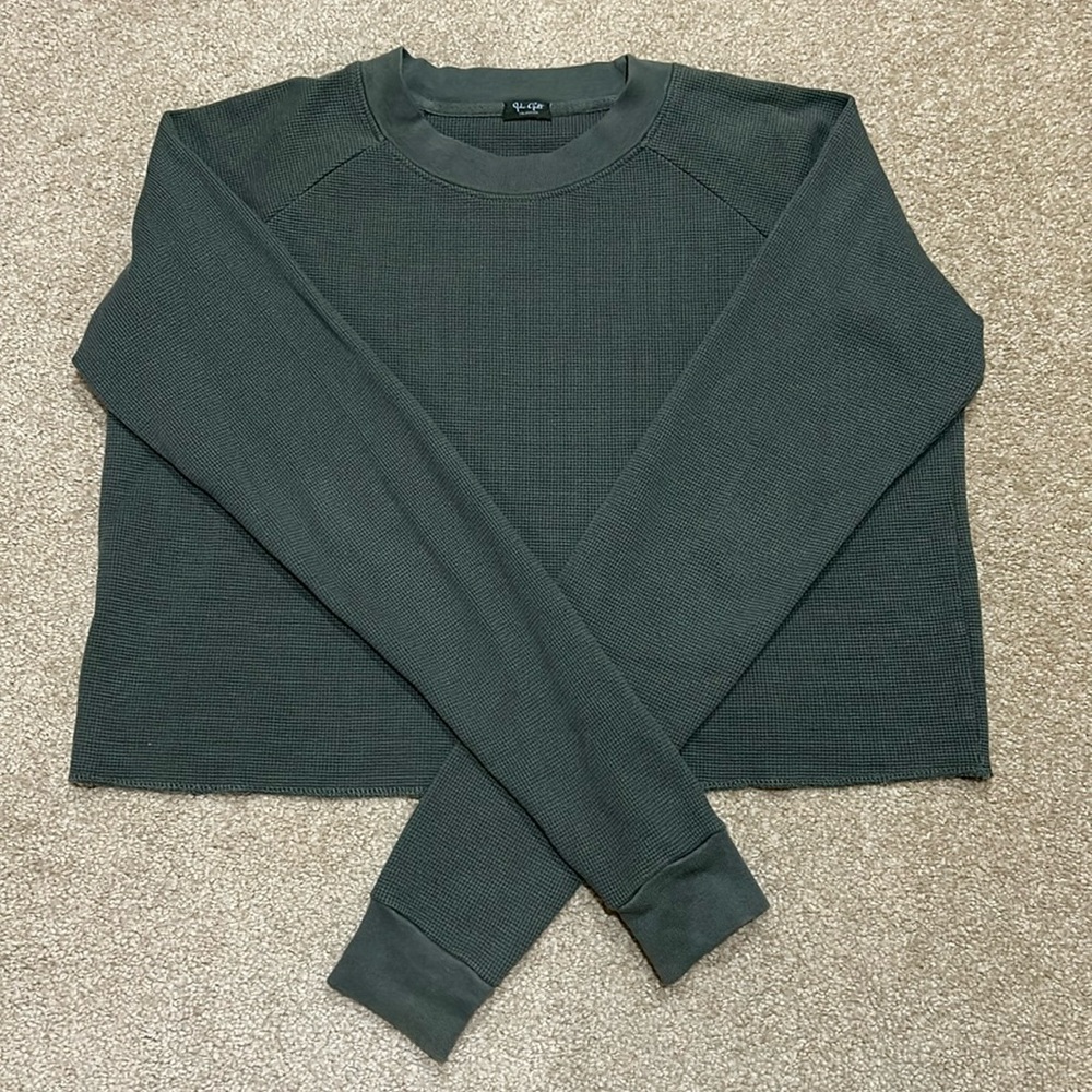Brandy Melville J Galt Olive Green Thermal Sweatshirt Raw Hem Like New OS